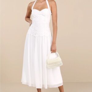 *NWT* Lulus Alysanne White Embroidered Drop Waist Halter Midi Dress